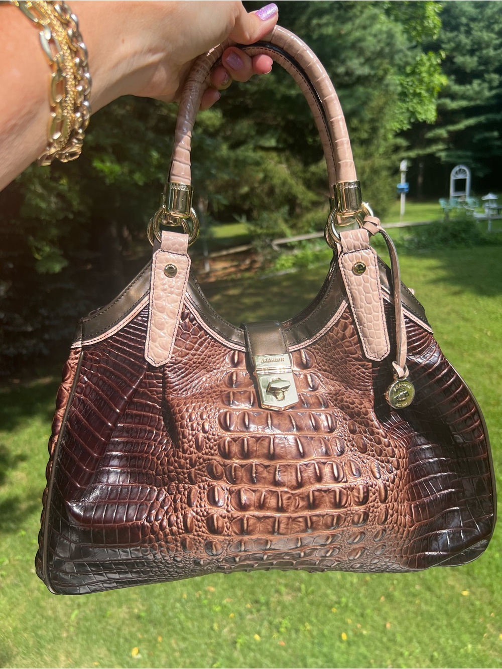 Brahmin Elisa Brown and Beige Croc-Embossed Leather Satchel